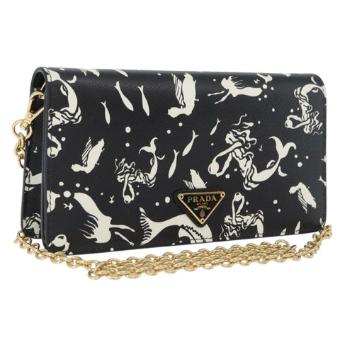 PRADA 鏈條皮夾單肩包 Safiano 皮革 黑色 金色 正品 171473SAM