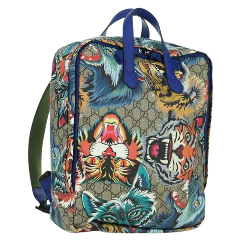 GUCCI GG Supreme 憤怒貓雙肩包 PVC 雙向米色銀色 477875 正品 171509SAM