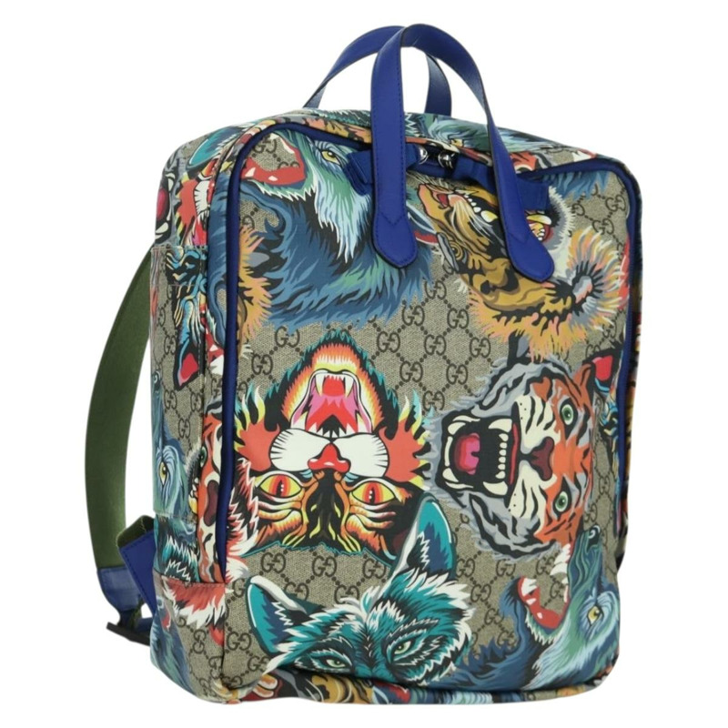 【日本直送】GUCCI GG Supreme 憤怒貓雙肩包 PVC 雙向米色銀色 477875 正品 171509SAM-0