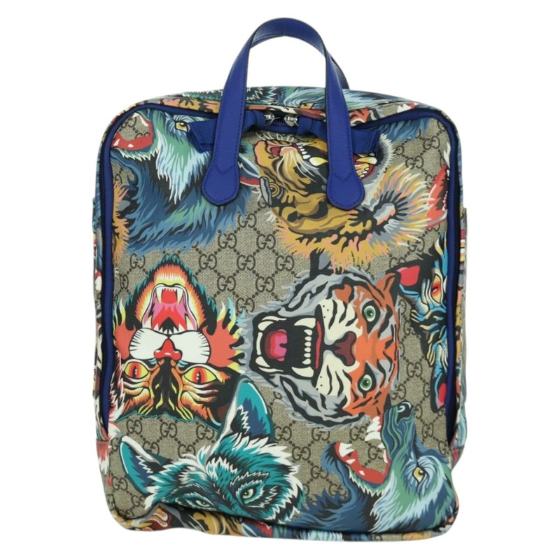 【日本直送】GUCCI GG Supreme 憤怒貓雙肩包 PVC 雙向米色銀色 477875 正品 171509SAM-1