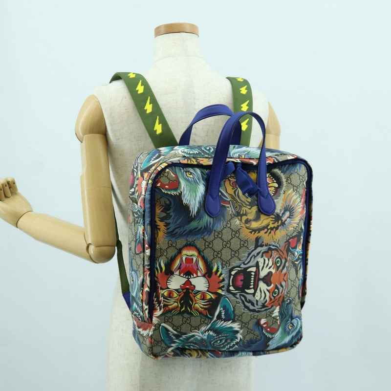 【日本直送】GUCCI GG Supreme 憤怒貓雙肩包 PVC 雙向米色銀色 477875 正品 171509SAM-25