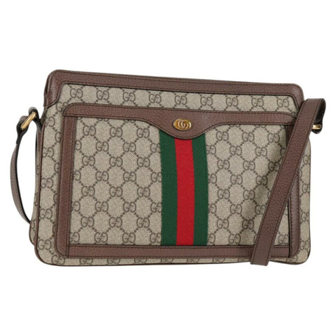 GUCCI GG Supreme Web Sherry Line 單肩包 PVC 米色 金色 523354 正品 am8347V
