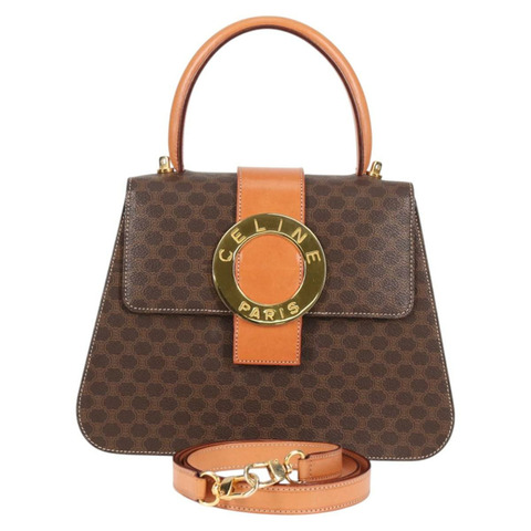 CELINE Circle Macadam帆布手提包 PVC皮革 2way Brown Gold Auth 122270SAV