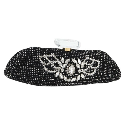 香奈兒黑色斜紋軟呢手拿包，金色雙C標誌，正品編號124606SAV