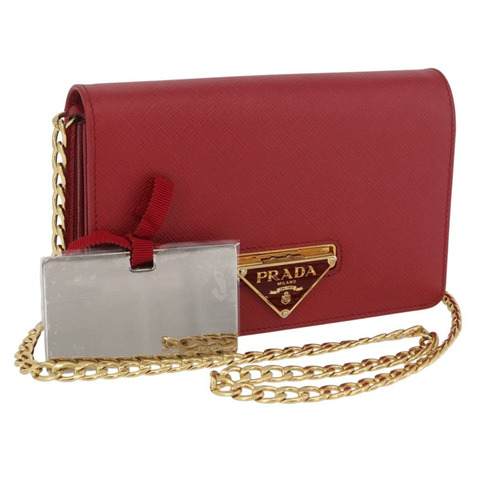 PRADA 鏈條皮夾單肩包 Safiano 皮革 紅色 金色 正品 168305M