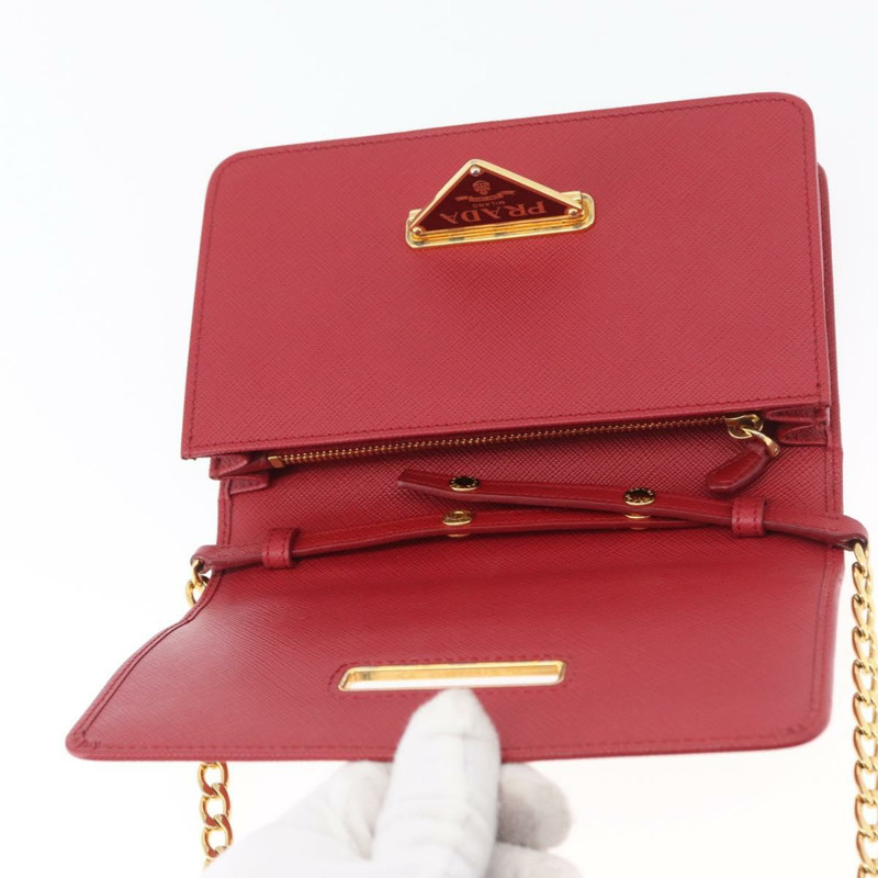 【日本直送】PRADA 鏈條皮夾單肩包 Safiano 皮革 紅色 金色 正品 168305M-14
