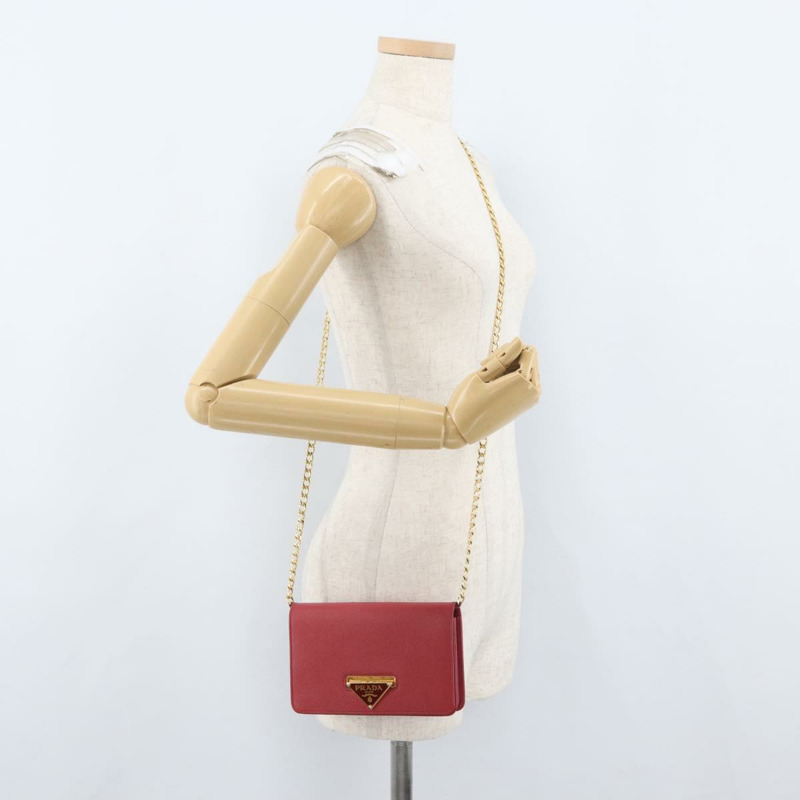 【日本直送】PRADA 鏈條皮夾單肩包 Safiano 皮革 紅色 金色 正品 168305M-30