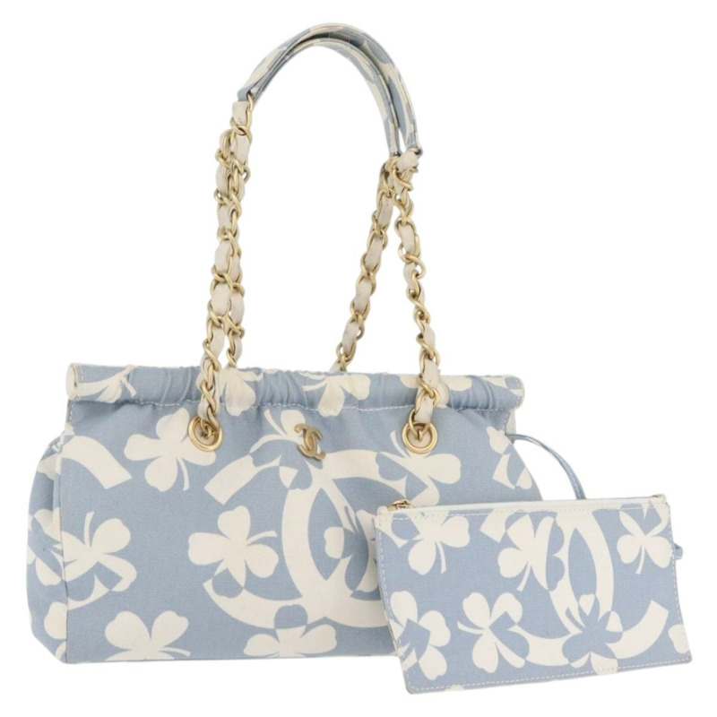 【日本直送】香奈兒鏈條肩背包 帆布 淺藍色 金色 CC 標誌 正品 173315SAV-0