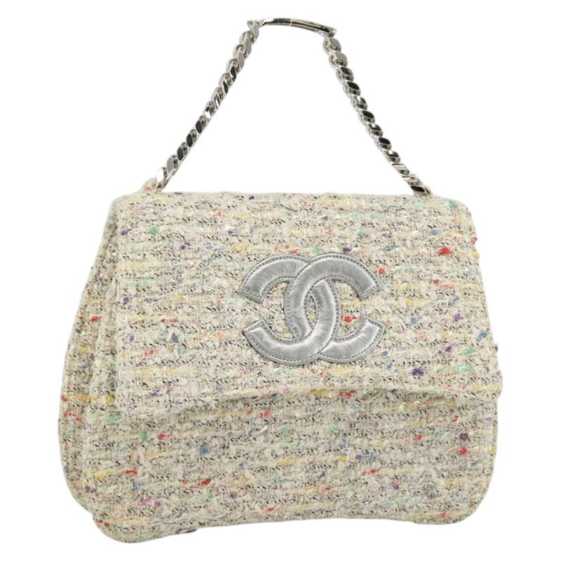 【日本直送】香奈兒 COCO 標誌鏈條手提包，斜紋軟呢白色銀色 CC Auth LNZ481SAM-0