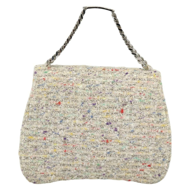 【日本直送】香奈兒 COCO 標誌鏈條手提包，斜紋軟呢白色銀色 CC Auth LNZ481SAM-2