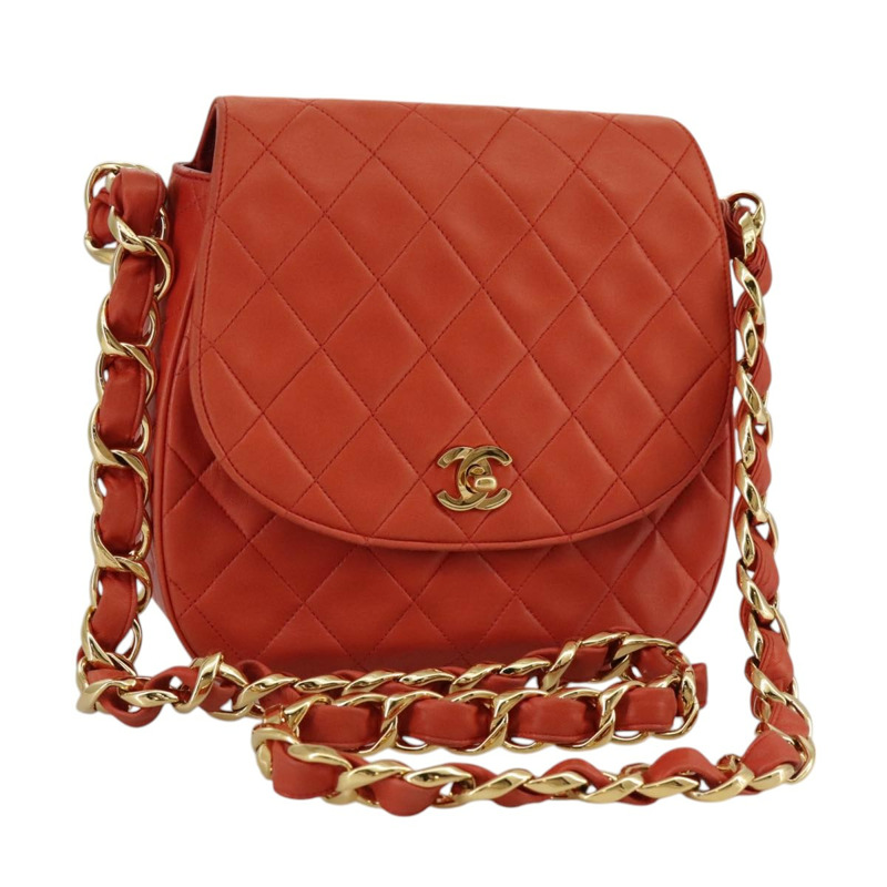 【日本直送】香奈兒 (CHANEL) 絎縫鏈條單肩包，羊皮材質，橙色金色雙C標誌，正品編號 107881SAV-0