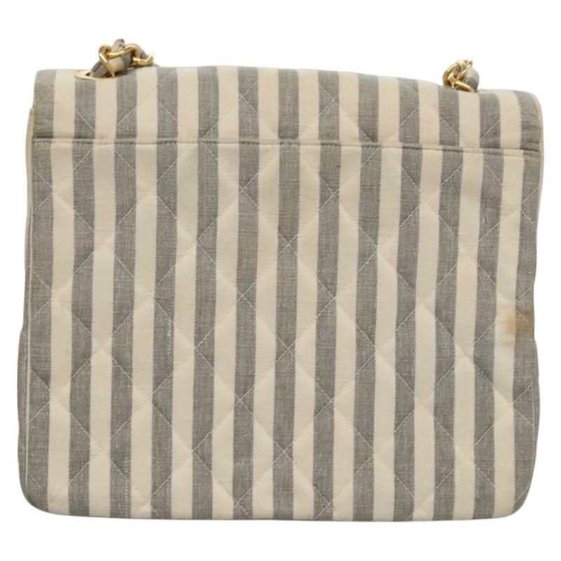 【日本直送】香奈兒條紋絎縫鏈條肩背包，帆布材質，白色/灰色，CC標誌，正品編號110304SAV-1