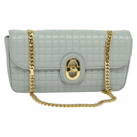 CELINE 絎縫鏈條單肩包 羊皮 灰色 金色 Auth mr1084SAV