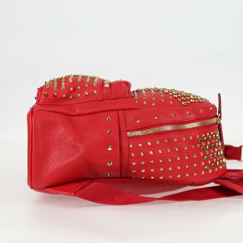 【日本直送】MCM Logoogram Vicetos 鉚釘雙肩包 皮革 紅色 金色 正品 126799V-3