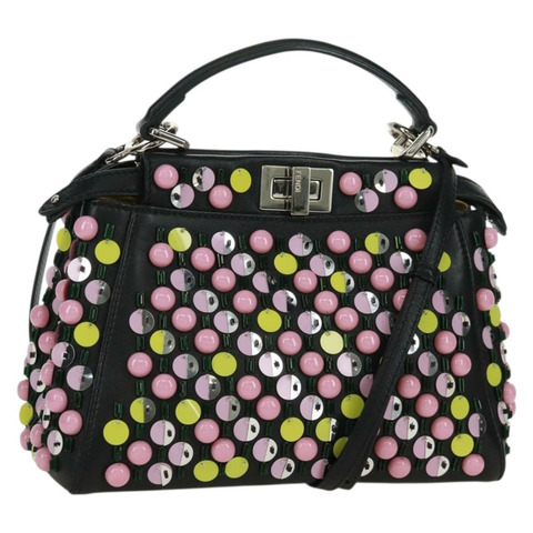FENDI 迷你 Peek A Boo 手提包 皮革 兩用 黑色 銀色 正品 168975SAM