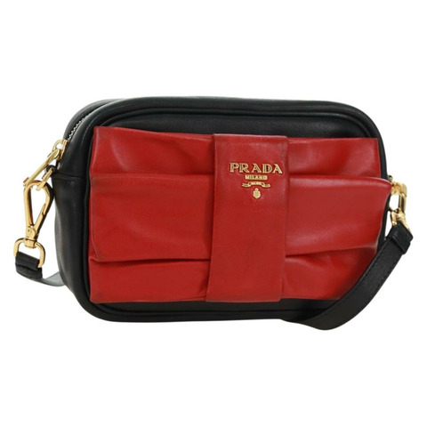 PRADA 緞帶單肩包，皮革材質，黑色、紅色、金色，正品編號 171555V