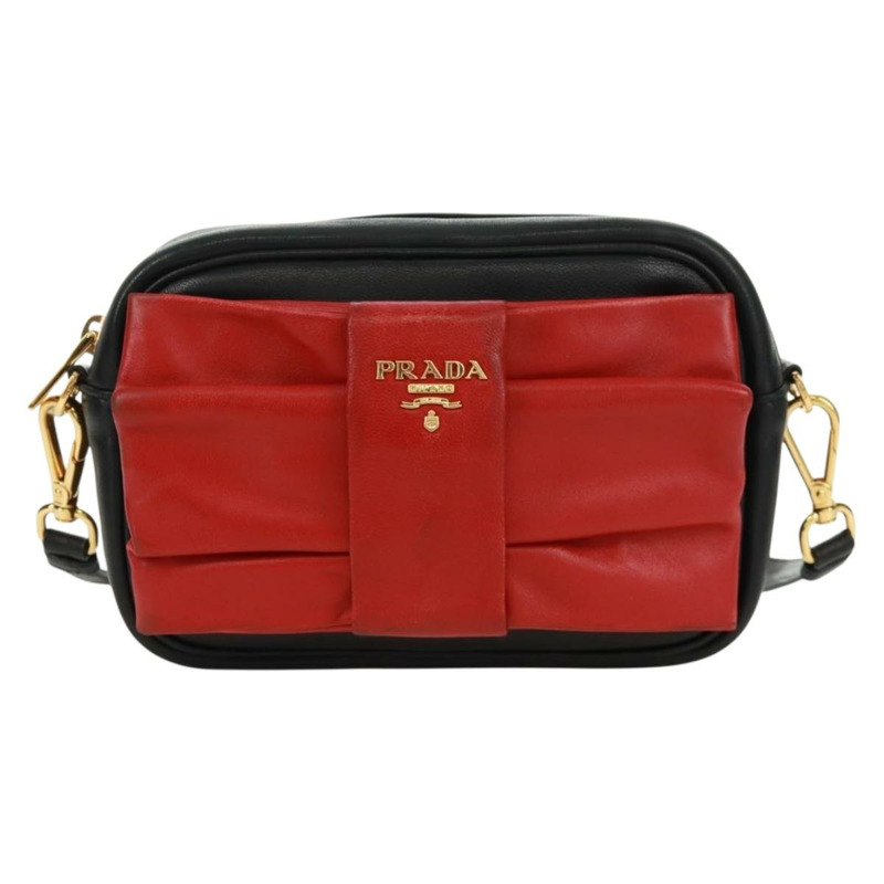 【日本直送】PRADA 緞帶單肩包，皮革材質，黑色、紅色、金色，正品編號 171555V-12