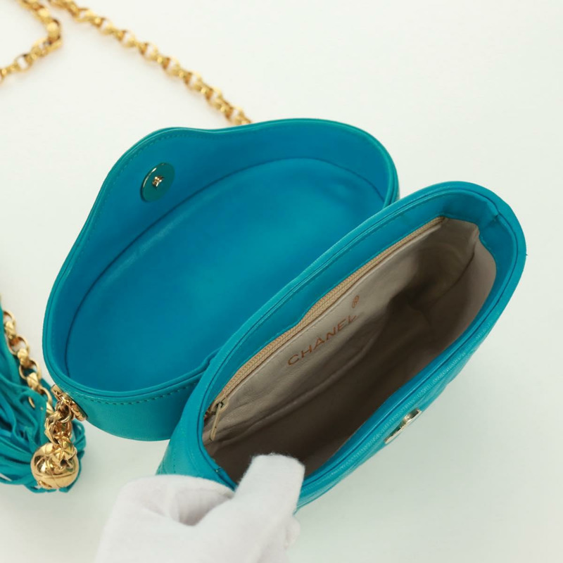 【日本直送】香奈兒鏈絎縫包，羊皮材質，土耳其藍金色雙C標誌，貨號171171V-21