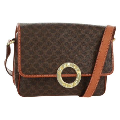 CELINE Macadam帆布圓形單肩包 PVC皮革 棕色 金色 正品 171071A