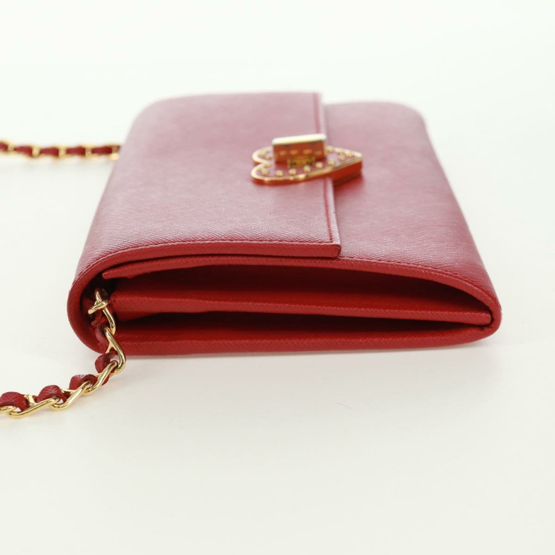 【日本直送】PRADA 鏈條肩包皮夾 Safiano 皮革 紅色 金色 Auth 168938V-2