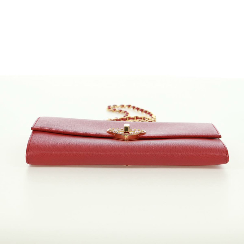 【日本直送】PRADA 鏈條肩包皮夾 Safiano 皮革 紅色 金色 Auth 168938V-4