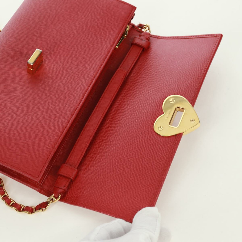 【日本直送】PRADA 鏈條肩包皮夾 Safiano 皮革 紅色 金色 Auth 168938V-7