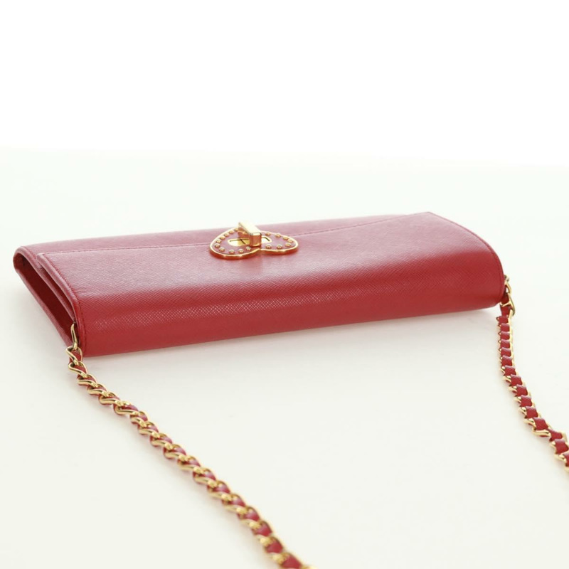 【日本直送】PRADA 鏈條肩包皮夾 Safiano 皮革 紅色 金色 Auth 168938V-13
