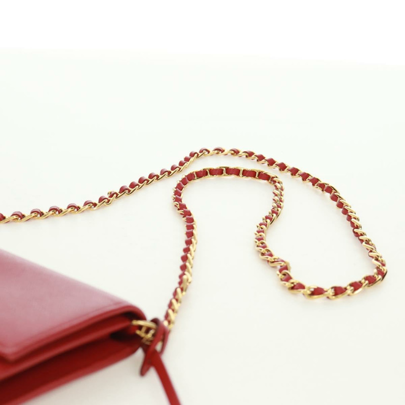 【日本直送】PRADA 鏈條肩包皮夾 Safiano 皮革 紅色 金色 Auth 168938V-14