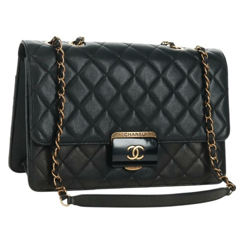 香奈兒 (CHANEL) 鏈條絎縫肩背包，黑色皮革，金色雙C標誌，正品編號 168933SAM