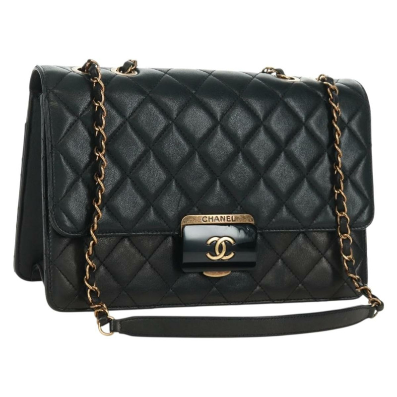 【日本直送】香奈兒 (CHANEL) 鏈條絎縫肩背包，黑色皮革，金色雙C標誌，正品編號 168933SAM-0