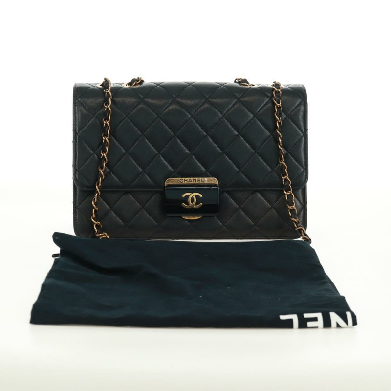 【日本直送】香奈兒 (CHANEL) 鏈條絎縫肩背包，黑色皮革，金色雙C標誌，正品編號 168933SAM-11