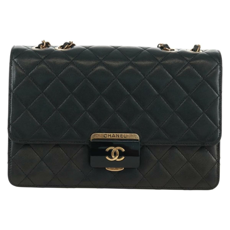 【日本直送】香奈兒 (CHANEL) 鏈條絎縫肩背包，黑色皮革，金色雙C標誌，正品編號 168933SAM-12