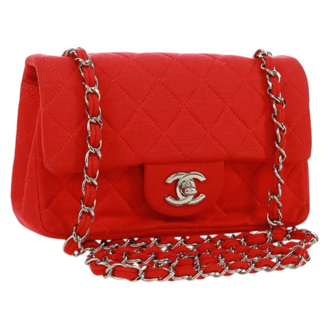 香奈兒迷你絎縫20鏈條單肩包，棉質，紅色，銀色雙C標誌，正品編號168936SAM