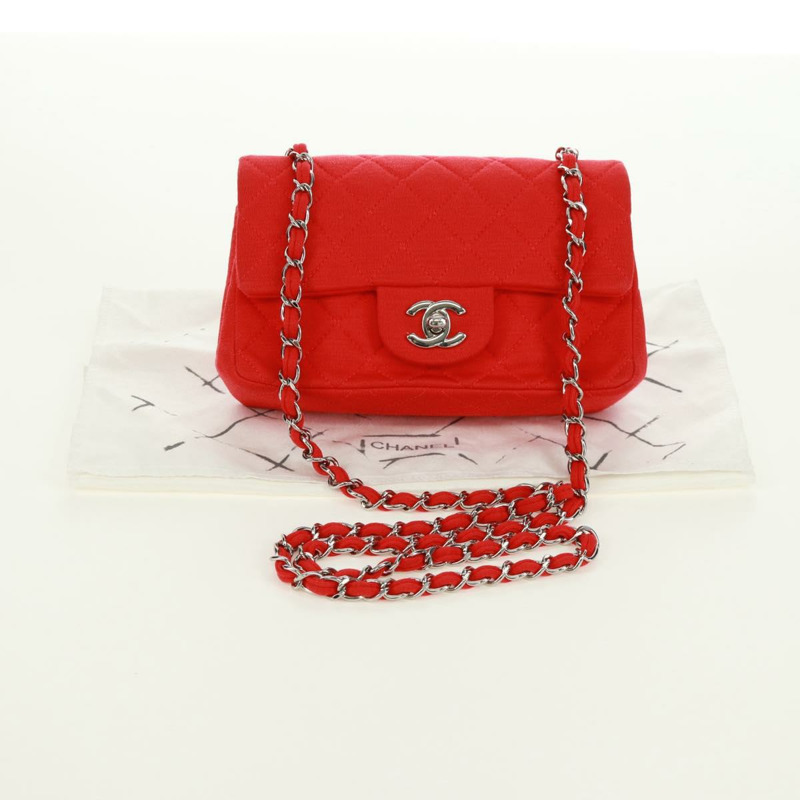 【日本直送】香奈兒迷你絎縫20鏈條單肩包，棉質，紅色，銀色雙C標誌，正品編號168936SAM-11