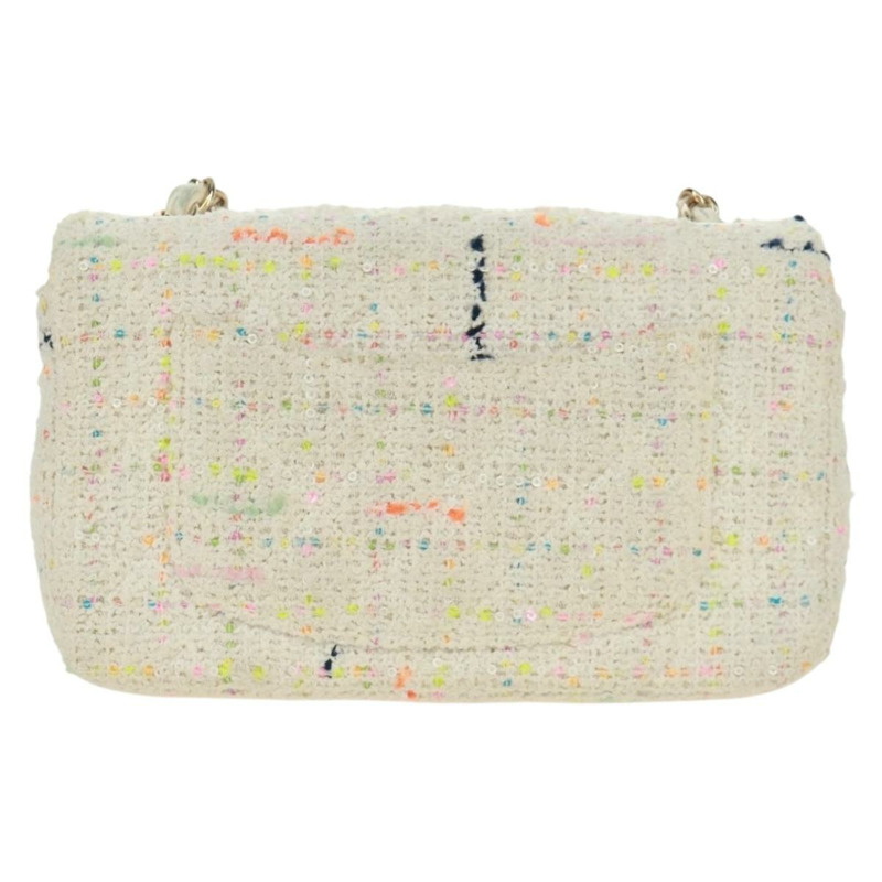 【日本直送】香奈兒迷你絎縫鏈條肩背包，斜紋軟呢布料，白色，金色雙C標誌，正品 ti3635SM-1