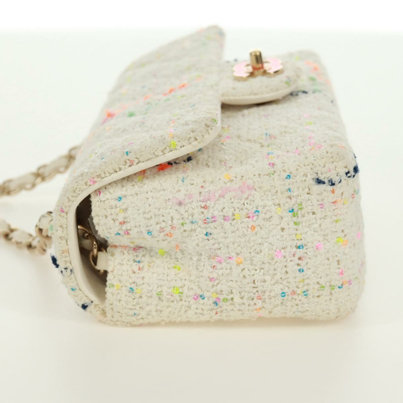 【日本直送】香奈兒迷你絎縫鏈條肩背包，斜紋軟呢布料，白色，金色雙C標誌，正品 ti3635SM-2