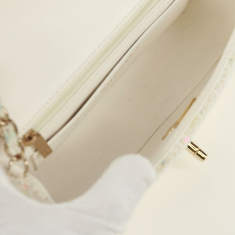 【日本直送】香奈兒迷你絎縫鏈條肩背包，斜紋軟呢布料，白色，金色雙C標誌，正品 ti3635SM-9