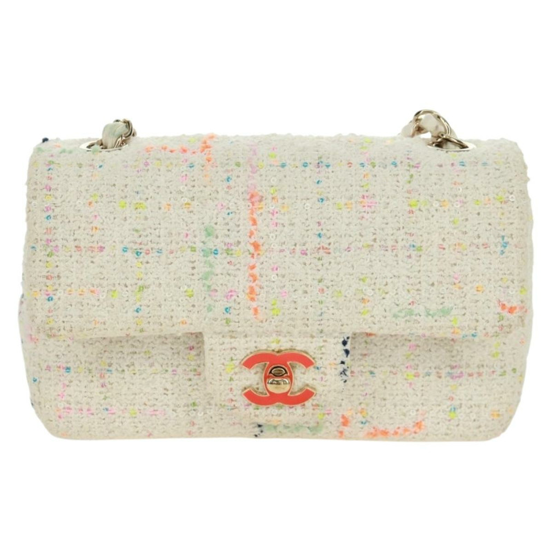 【日本直送】香奈兒迷你絎縫鏈條肩背包，斜紋軟呢布料，白色，金色雙C標誌，正品 ti3635SM-12