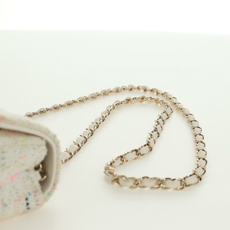 【日本直送】香奈兒迷你絎縫鏈條肩背包，斜紋軟呢布料，白色，金色雙C標誌，正品 ti3635SM-13