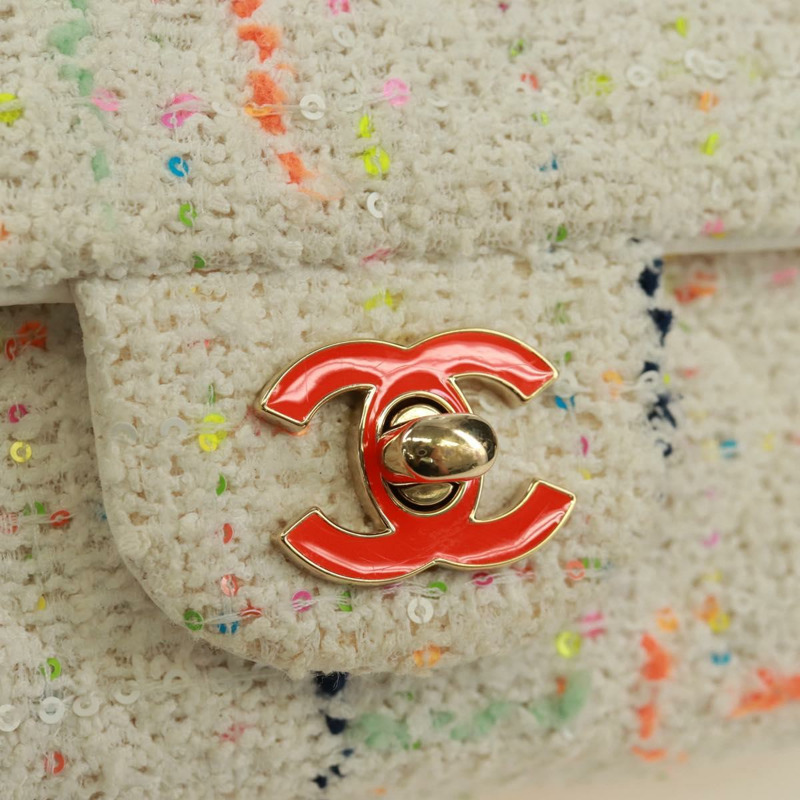 【日本直送】香奈兒迷你絎縫鏈條肩背包，斜紋軟呢布料，白色，金色雙C標誌，正品 ti3635SM-17