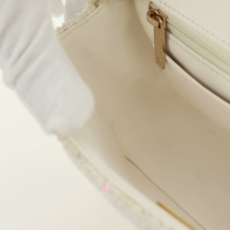 【日本直送】香奈兒迷你絎縫鏈條肩背包，斜紋軟呢布料，白色，金色雙C標誌，正品 ti3635SM-22