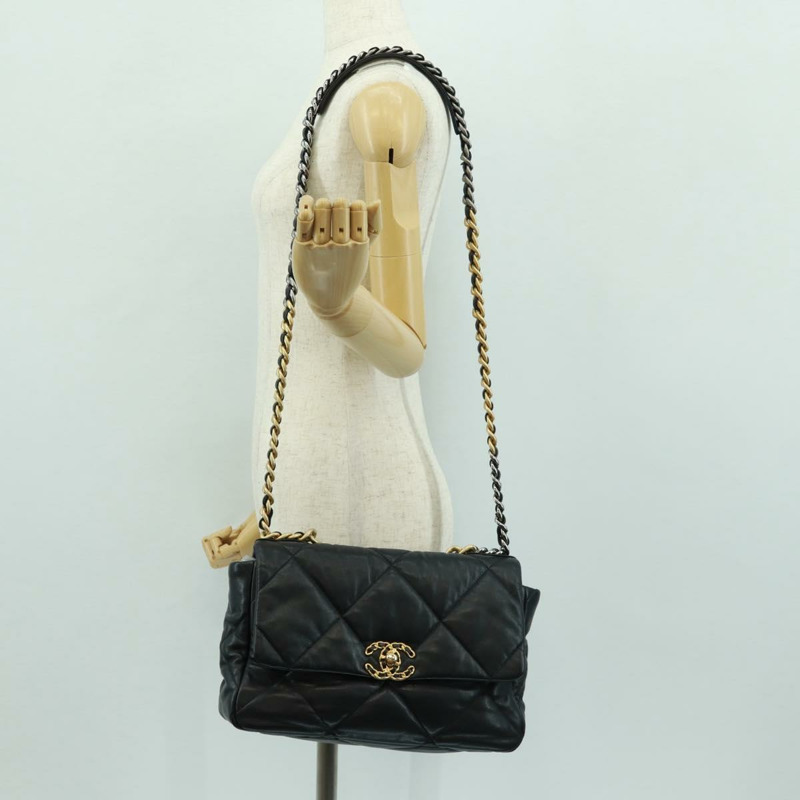 【日本直送】香奈兒 (CHANEL) 大號翻蓋鏈條包 Chanel 19 羊皮兩用包 黑色 金色 CC 標誌 Auth 161748SM-27