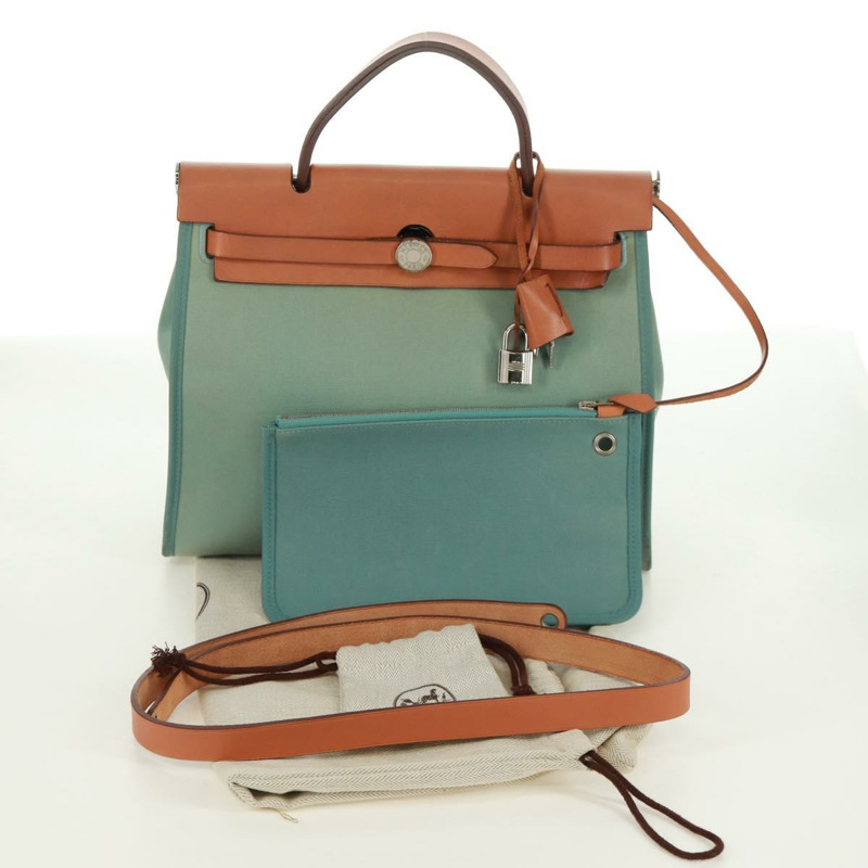 【日本直送】愛馬仕 Herbag Zip PM 手袋 帆布皮革 兩用 綠色 銀色 正品 168131A-11