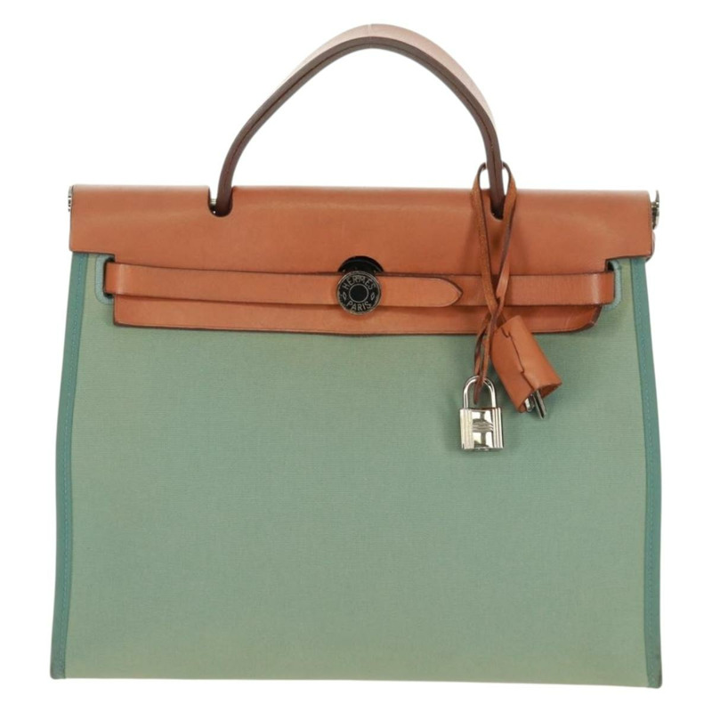 【日本直送】愛馬仕 Herbag Zip PM 手袋 帆布皮革 兩用 綠色 銀色 正品 168131A-12