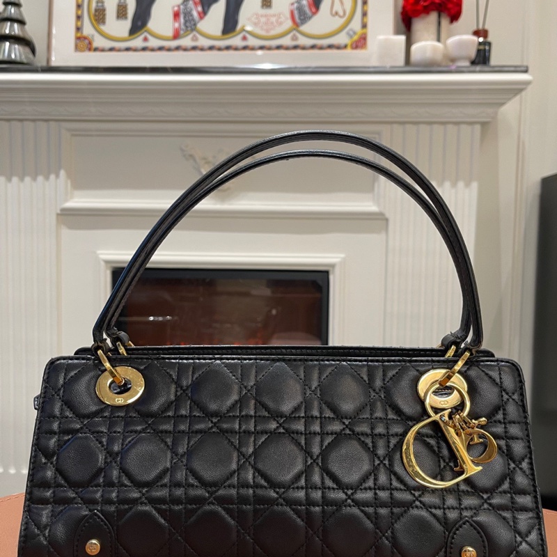 【1顆包背4季❗️經典圖案✨小資女孩👍🏻】Dior 中古橫版戴妃包 黑金羊皮 手提包 托特包-1