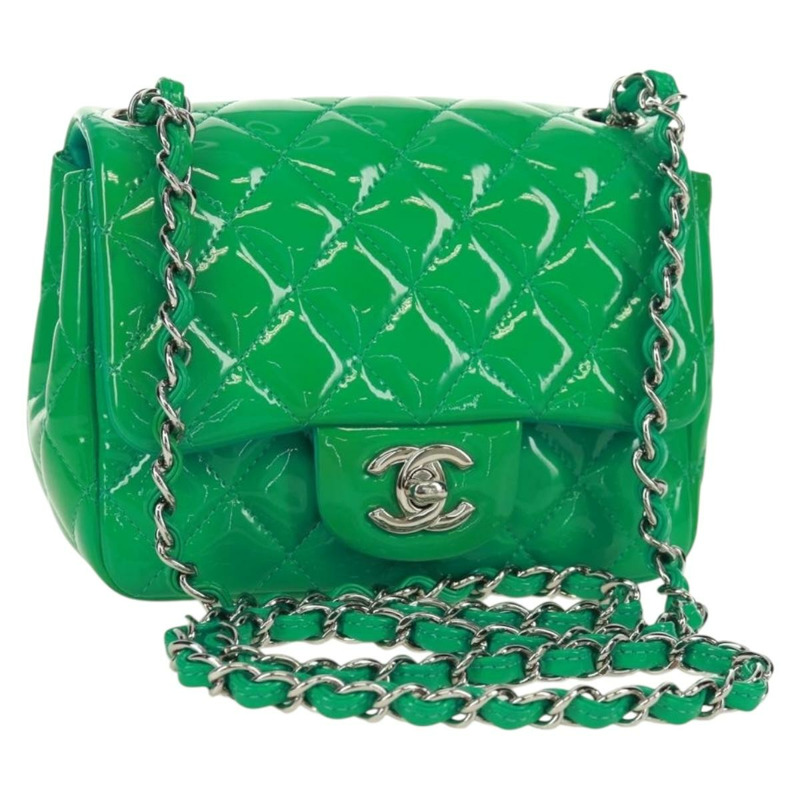 【日本直送】香奈兒 (CHANEL) 迷你絎縫 16 鏈條包，漆皮材質，綠色/銀色雙C標誌，正品編號 171889SAV-0