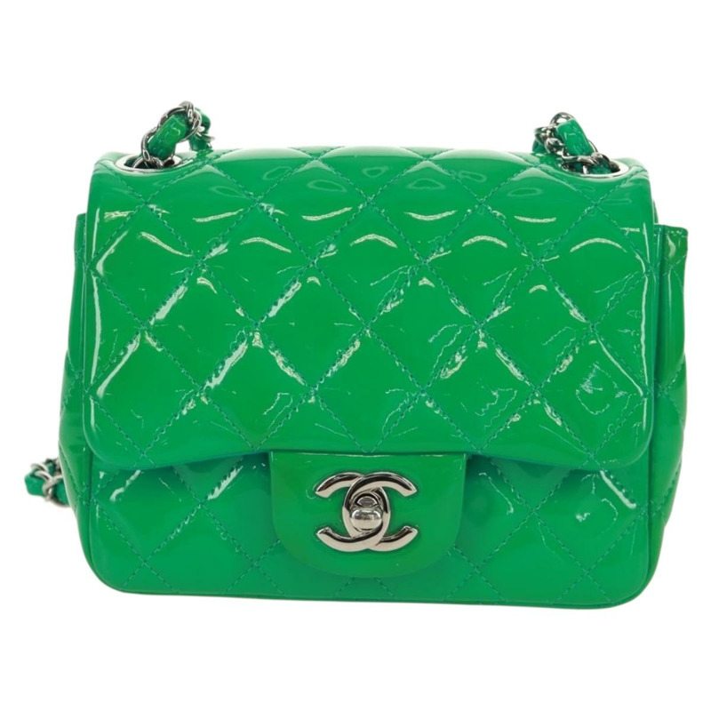 【日本直送】香奈兒 (CHANEL) 迷你絎縫 16 鏈條包，漆皮材質，綠色/銀色雙C標誌，正品編號 171889SAV-12