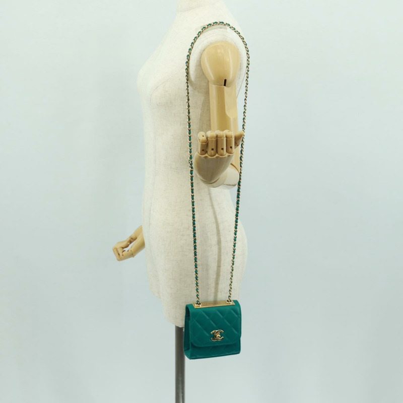 【日本直送】香奈兒 (CHANEL) 鏈條迷你絎縫 11 號包，羊皮材質，綠色金色雙C標誌，正品編號 171874SAM-24