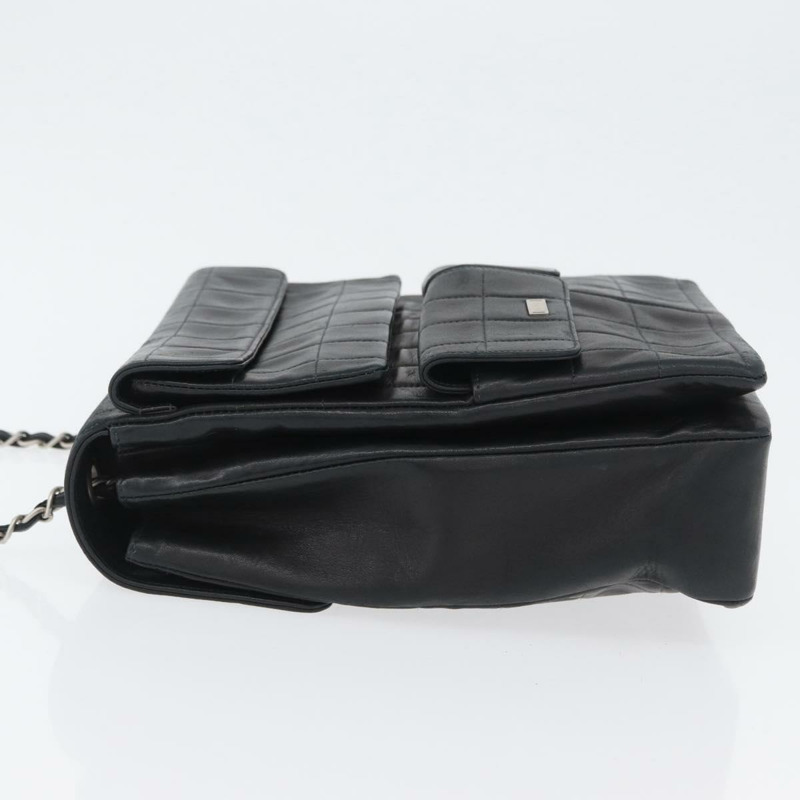 【日本直送】香奈兒 Choco Bar 鏈單肩包 羊皮 黑色 銀色 CC 標誌 Auth bs33473-3