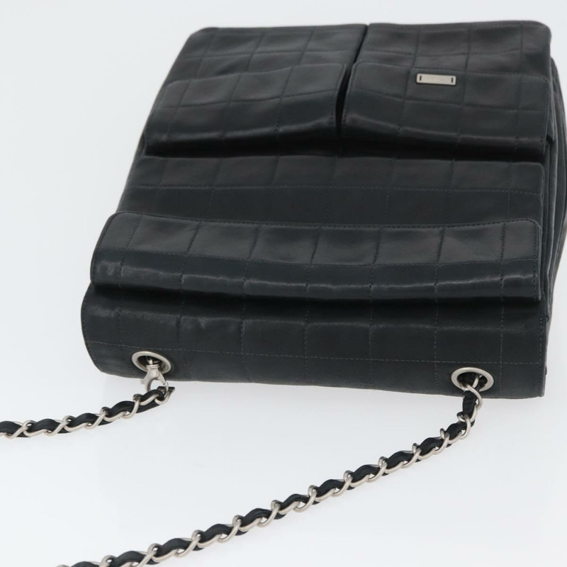 【日本直送】香奈兒 Choco Bar 鏈單肩包 羊皮 黑色 銀色 CC 標誌 Auth bs33473-5